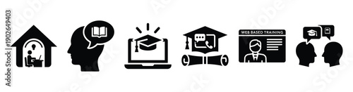 set of minimalist online educational video icons. E-learning silhouette vector icon set in black color and white background