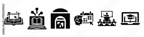 set of minimalist online exam result icons. E-learning silhouette vector icon set in black color and white background