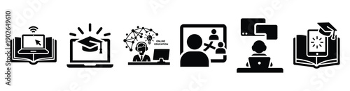 set of minimalist online learning evaluation icons. E-learning silhouette vector icon set in black color and white background