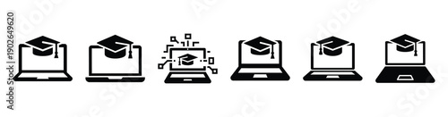 set of minimalist online learning digital icons. E-learning silhouette vector icon set in black color and white background