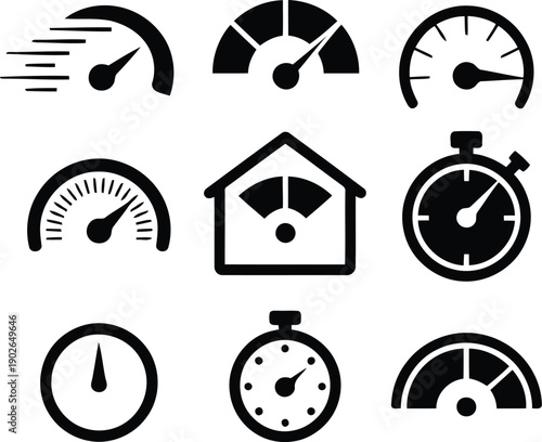 Nine black flat vector icons representing speed, performance metrics, household efficiency, and precise timing devices