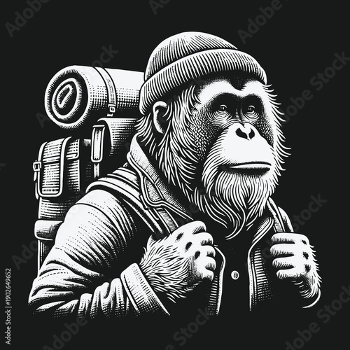 Orangutan Trekker: A Detailed Black and White Illustration.