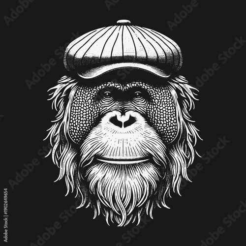 Orangutan Portrait with Newsboy Cap: A Detailed Black and White Illustration.