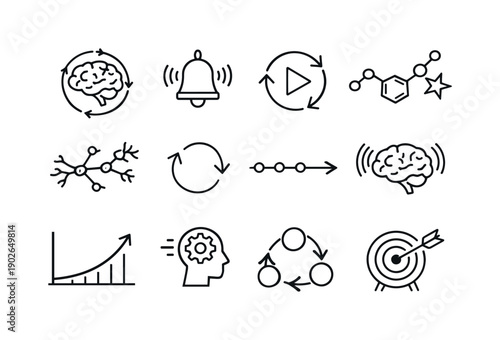 The science of habit formation. Line icon set of The science of habit formation: brain habit loop, cue trigger symbol, routine action cycle,