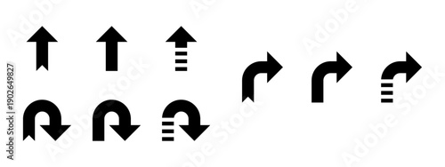 Black Up Turn Right and U Turn Arrow Sign This Way Direction Info Icon Set. Vector Image.