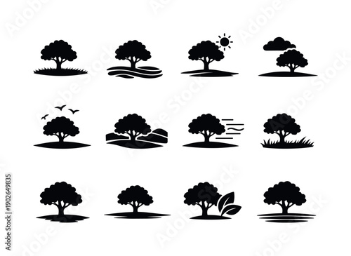 Lone Tree Icons. Lone Tree in Field. Solid icon set of Lone Tree in Field: single tree, open field, grassy ground, sun in sky, cloud above, birds flying,