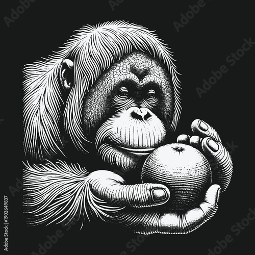 Orangutan Contemplating Fruit: A Detailed Black and White Illustration.