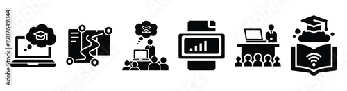 set of minimalist online learning roadmap icons. E-learning silhouette vector icon set in black color and white background