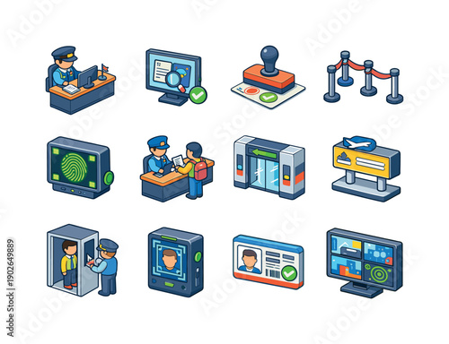 Isometric Immigration Icons. Immigration checkpoint. Colorful isometric vector icons set of immigration checkpoint: immigration officer desk,