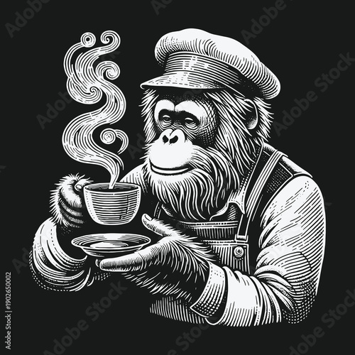 Apes Coffee Break: Detailed Engraving of a Relaxing Orangutan.