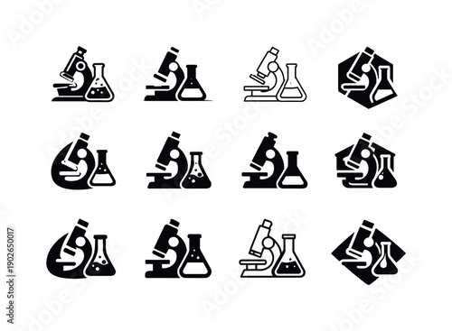 chemistry teacher. Icon set. Set Logo of chemistry teacher: microscope and flask. harmonious logo variations of the same emblematic concept,