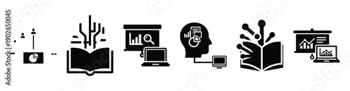 set of minimalist online research icons. E-learning silhouette vector icon set in black color and white background