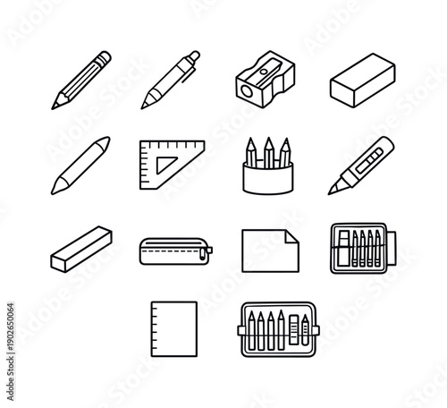 Pencil Drawing Tools. Line icon set of Pencil Drawing Tools: wooden pencil, mechanical pencil, pencil sharpener, eraser block, blending