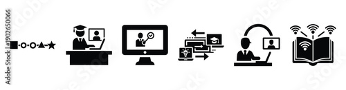 set of minimalist online skill training icons. E-learning silhouette vector icon set in black color and white background