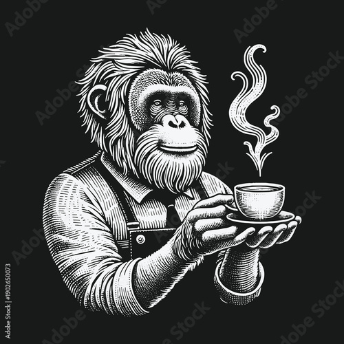 Orangutan Barista: A Detailed Engraving of a Coffee-Loving Ape.