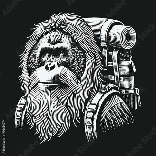 Orangutan Hiker: A Detailed Engraving of a Bearded Ape Adventurer.