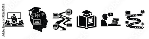 set of minimalist online skill assessment icons. E-learning silhouette vector icon set in black color and white background