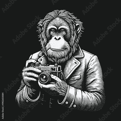 Orangutan Photographer: A Detailed Black and White Illustration.