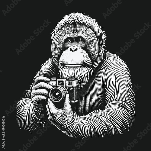 Orangutan Photographer: A Detailed Black and White Illustration of a Creative Ape.