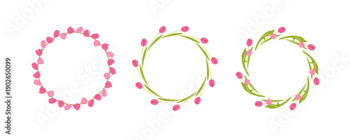 Pink Tulip Frame wreath set. Three round flower frames for greetings, invitations for holiday. Flat vector illustration. Botanical spring blossom frame. Hand painted floral arrangements.