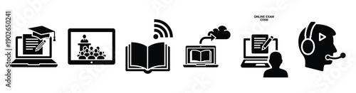 set of minimalist online study planner icons. E-learning silhouette vector icon set in black color and white background