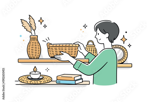 Rattan decor objects. A person gently placing a rattan basket on a shelf, symbolizing thoughtful arrangement and calm living space