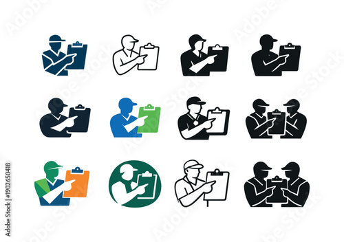coach with clipboard. Icon set. Set Logo of coach with clipboard: coach pointing at clipboard. harmonious logo variations of the same