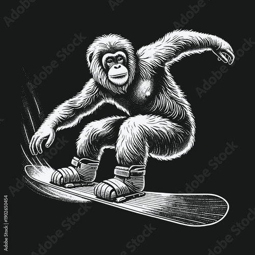 Orangutan Shredding Powder: A Unique Snowboarding Adventure Illustration.