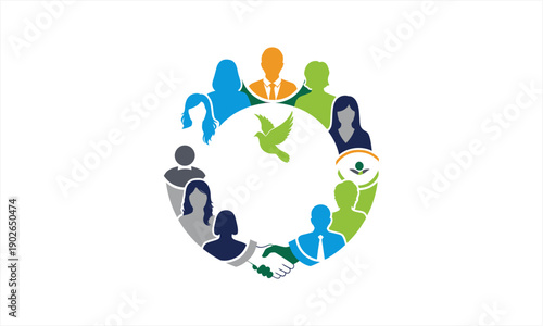 Diverse Group of People Forming a Circle with a Central Dove and Handshake Symbolizing Unity and Collaboration.