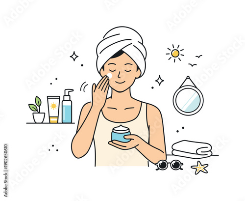 Summer skincare minimal routine. A person calmly applying light cream or lotion, standing in a bright, simple interior. The mood is relaxed,
