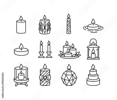 Decorative Candles. Line icon set of Decorative Candles: pillar candle, carved candle, twisted candle, floating candle, tea light,