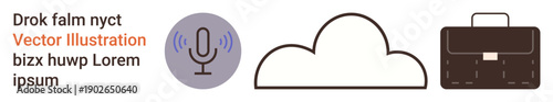 Audio recording, cloud services, data storage, business solutions, communication tools, online meetings. Minimalist microphone, cloud and briefcase icons. Audio recording and cloud services concept