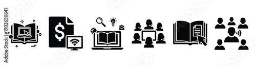 set of minimalist online webinar icons. E-learning silhouette vector icon set in black color and white background