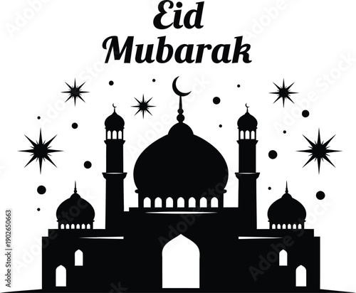 Ramadan eid mubarak silhouette mosque illustration with crescent moon and stars