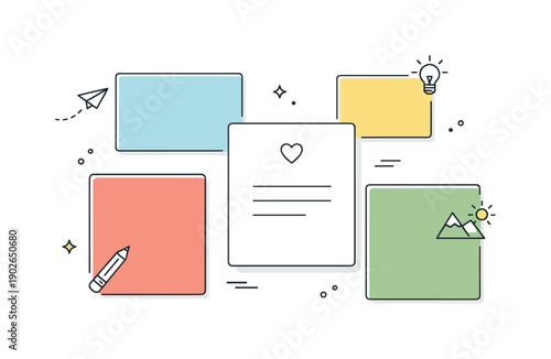 Creative paper composition. Flat lay of rectangular paper sheets in harmonious colors. Calm design mood, inspiration and creative order.