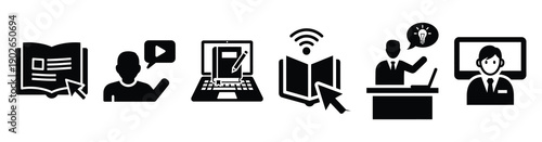 set of minimalist video lesson icons. E-learning silhouette vector icon set in black color and white background