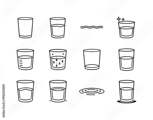 Clear Water in a Glass. Line icon set of Clear Water in a Glass: water glass, filled tumbler, water surface line, reflection sparkle, water
