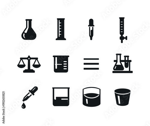 Chemical Measurement Tools. Solid icon set of Chemical Measurement Tools: volumetric flask, graduated cylinder, pipette, burette, balance