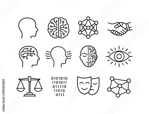 Synthetic Consciousness Icons. Synthetic Consciousness and Humanity. Line icon set of Synthetic Consciousness and Humanity: human head silhouette, AI brain,