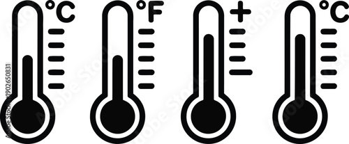 Set of four minimalist black thermometers displaying varying Celsius and Fahrenheit temperature measurements