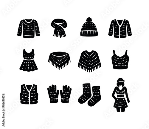 Handmade crochet clothing. Solid icon set of handmade crochet clothing: handmade sweater, handmade scarf, handmade hat, handmade cardigan,