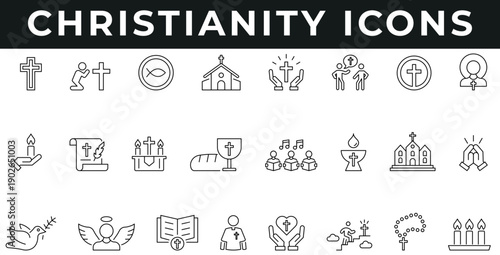 Christianity Icons vector illustration with thin line editable stroke containing cross, altar, heaven, faith, gospel, rosary, worship, prayer, church, angel, saint, candles, bible.