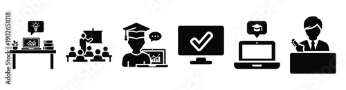 set of minimalist virtual e learning icons. E-learning silhouette vector icon set in black color and white background