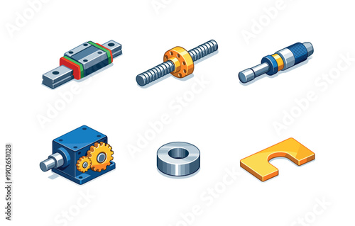 Precision mechanical parts. Isometric flat vector icons set of precision mechanical parts: linear guide rail, lead screw, micrometer spindle,