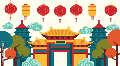 Chinese new year celebration with lanterns and traditional gates, vector illustration