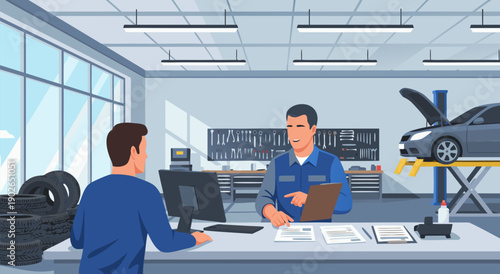 Customer consulting with auto mechanic in garage, vector illustration of car repair service