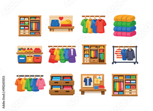 Arranging a Wardrobe with Easy-to-Reach Favorites. Colorful flat vector icons set of Arranging a Wardrobe with Easy-to-Reach Favorites: