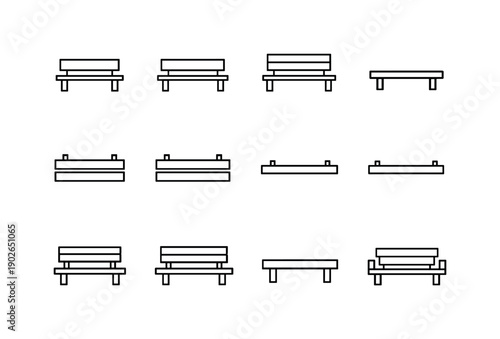 Minimal Bench Icons. Minimal Empty Bench. Line icon set of Minimal Empty Bench: simple bench outline, geometric bench, flat bench, thin line bench, bench side