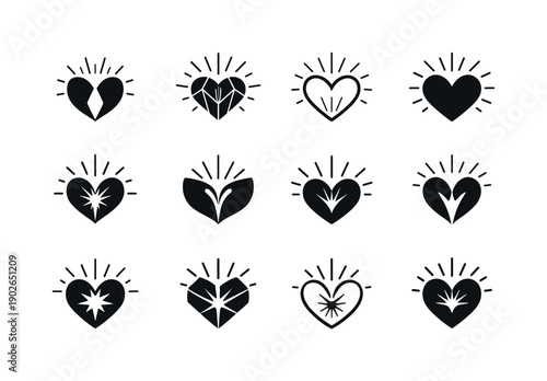 Open heart. Icon set. Set Logo of Open heart: heart with radiant lines. harmonious logo variations of the same emblematic concept, each with