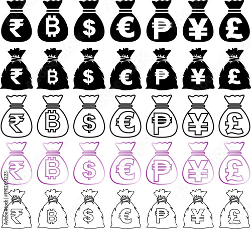 Large collection of money bag icons in various artistic styles.